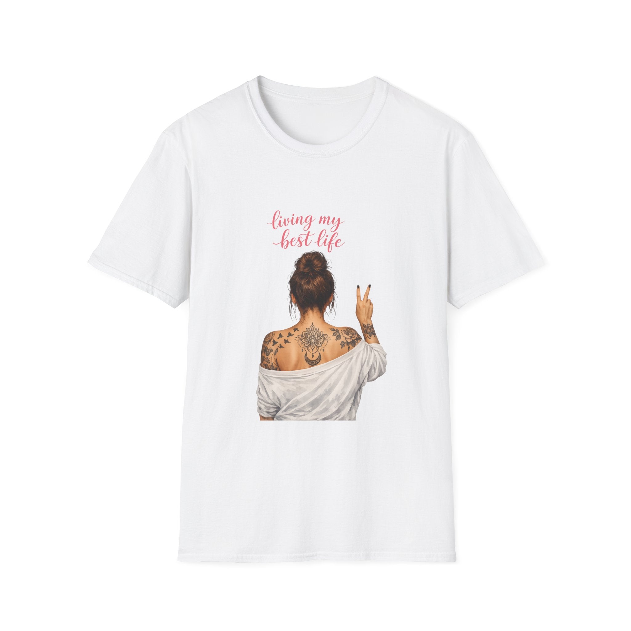 Living My Best Life T-Shirt — Woman Back Tattoo Peace Sign Graphic Tee