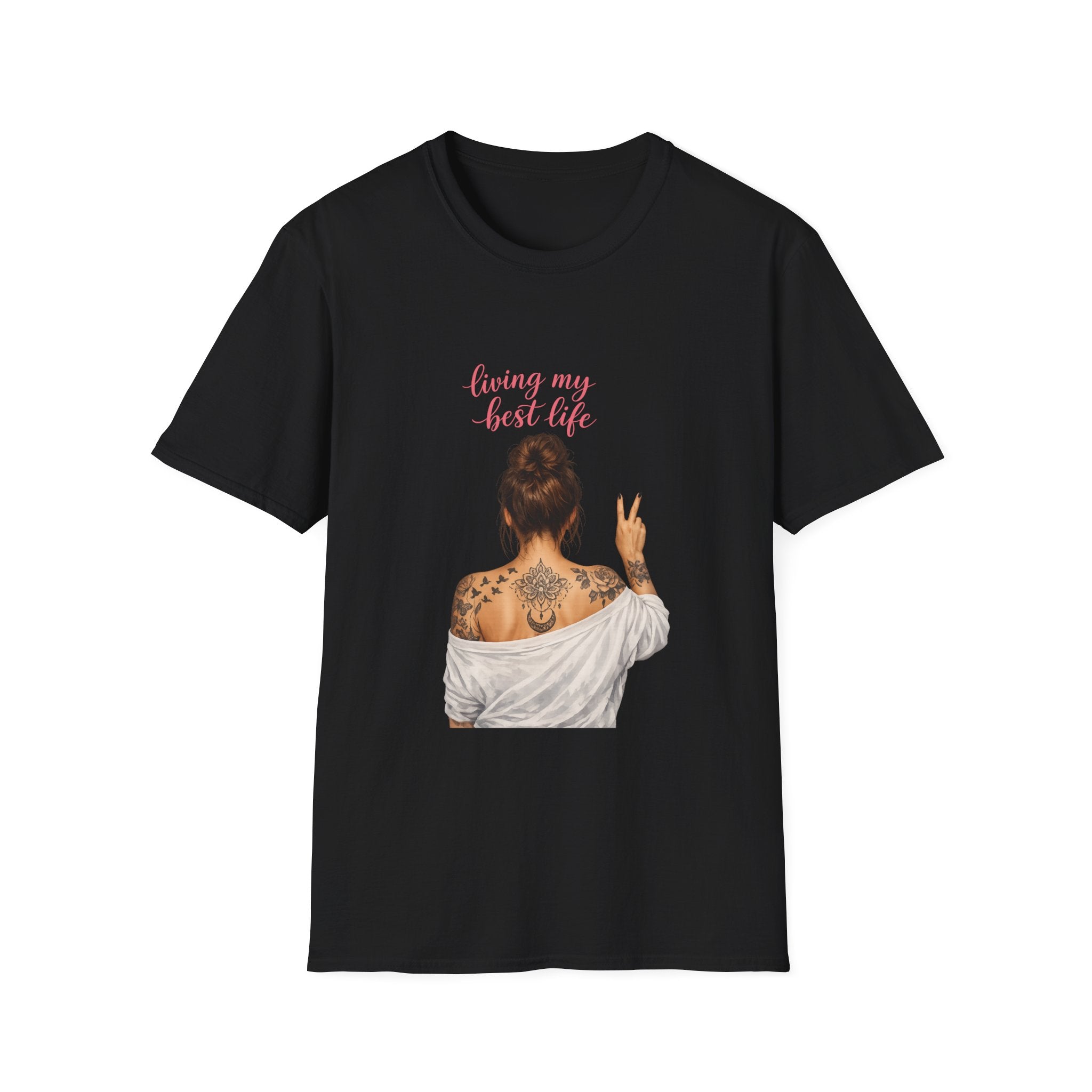 Living My Best Life T-Shirt — Woman Back Tattoo Peace Sign Graphic Tee