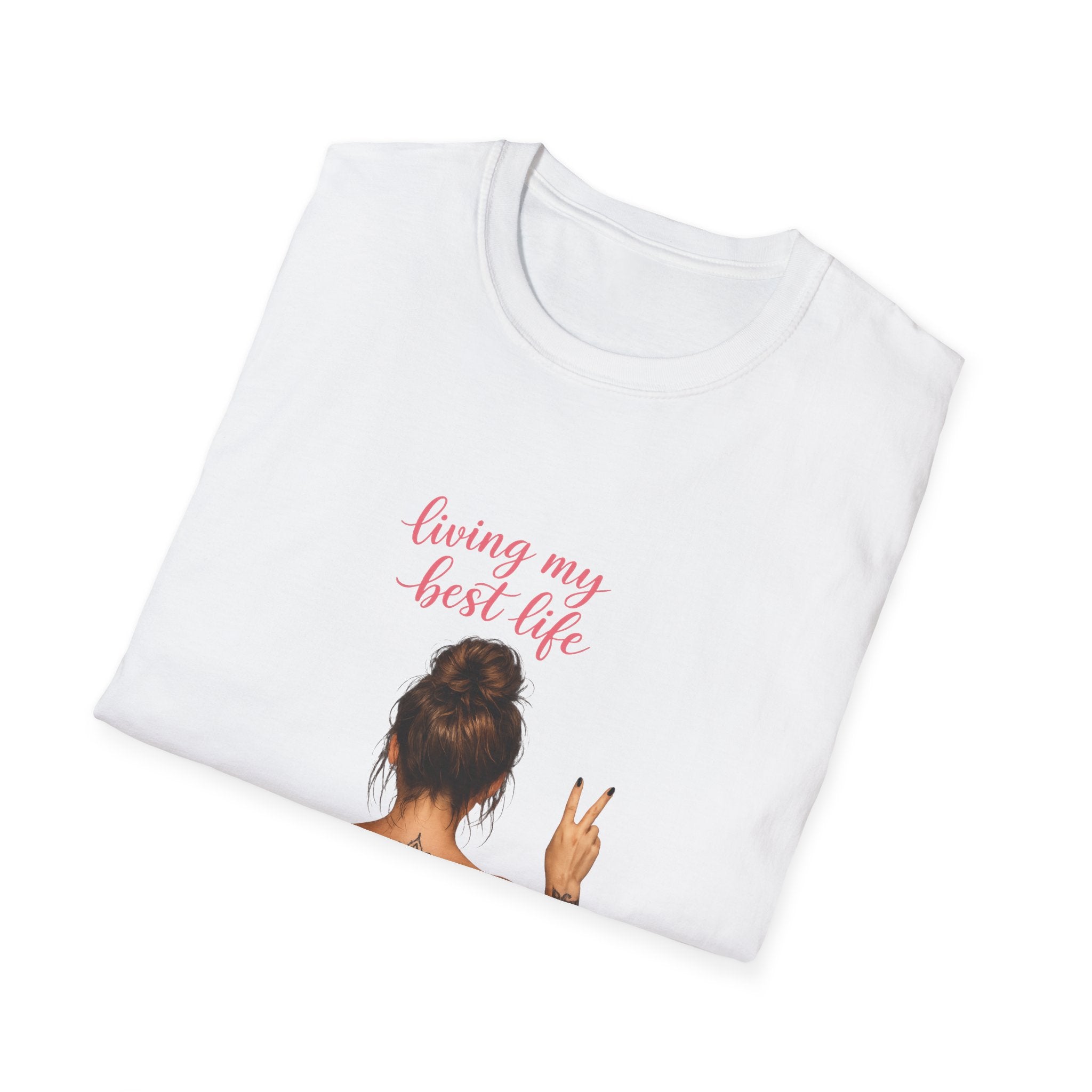 Living My Best Life T-Shirt — Woman Back Tattoo Peace Sign Graphic Tee