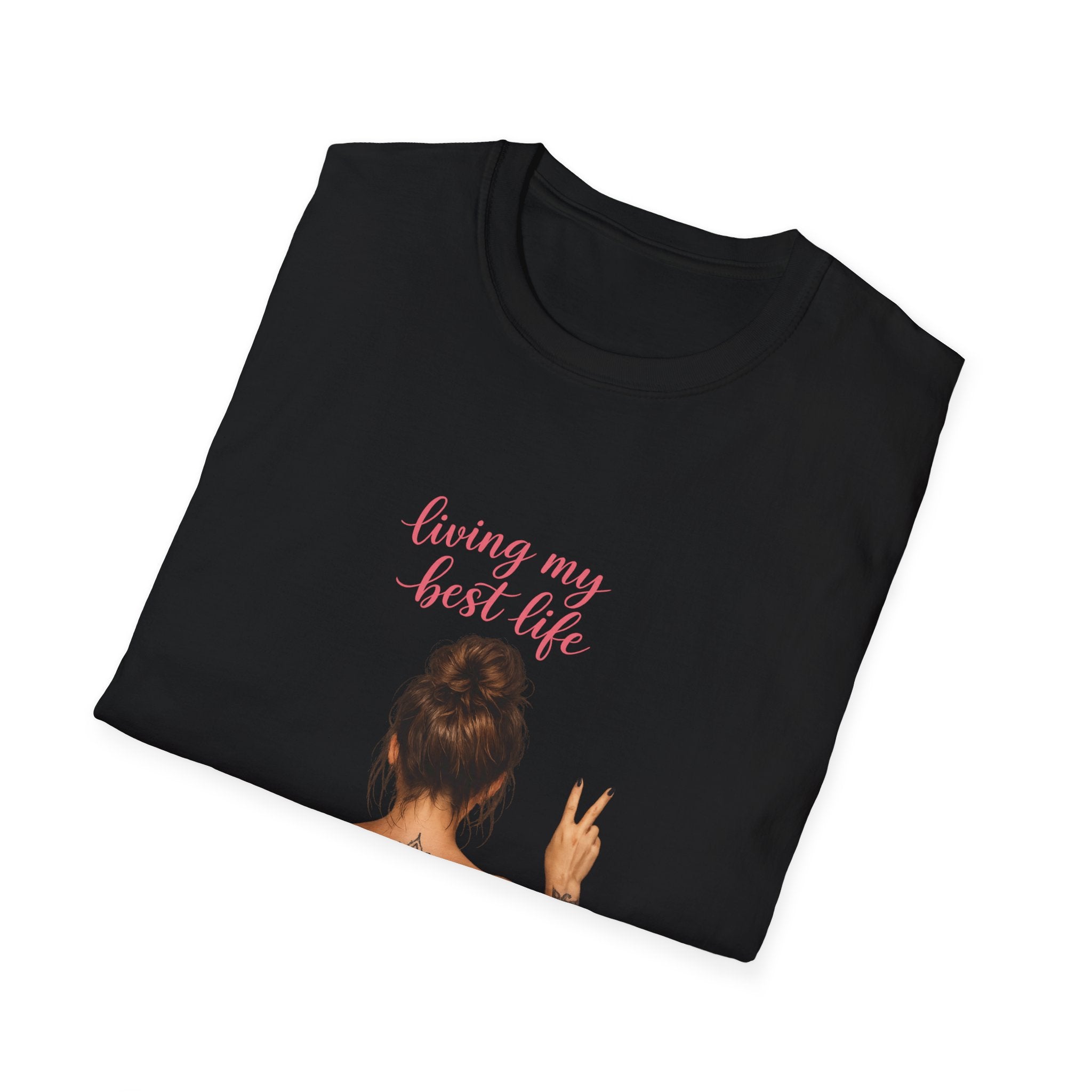 Living My Best Life T-Shirt — Woman Back Tattoo Peace Sign Graphic Tee