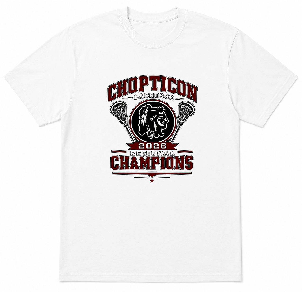 White t-shirt with Chopticon Lacrosse 2026 Regional Champions graphic on a white background