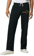 Black wide leg sweatpants with Chopticon tennis logo and tennis ball on the left leg worn by a person on a white background