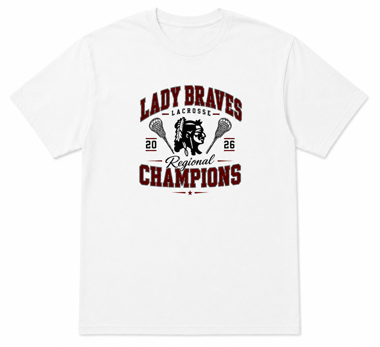 White t-shirt with 'Lady Braves Lacrosse Regional Champions' design on a white background