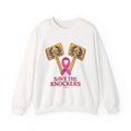 White crew neck sweatshirt with a pink ribbon and 'Save the Knockers' text on a white background with crab knocker and a blue crab with the Maryland flag in the shell of the crab.